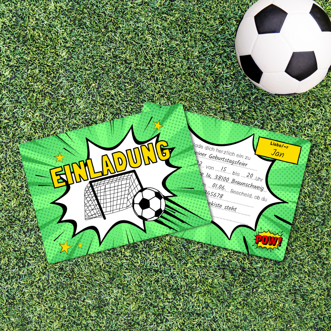 12x Einladungskarten + Umschläge - Fußball Comic