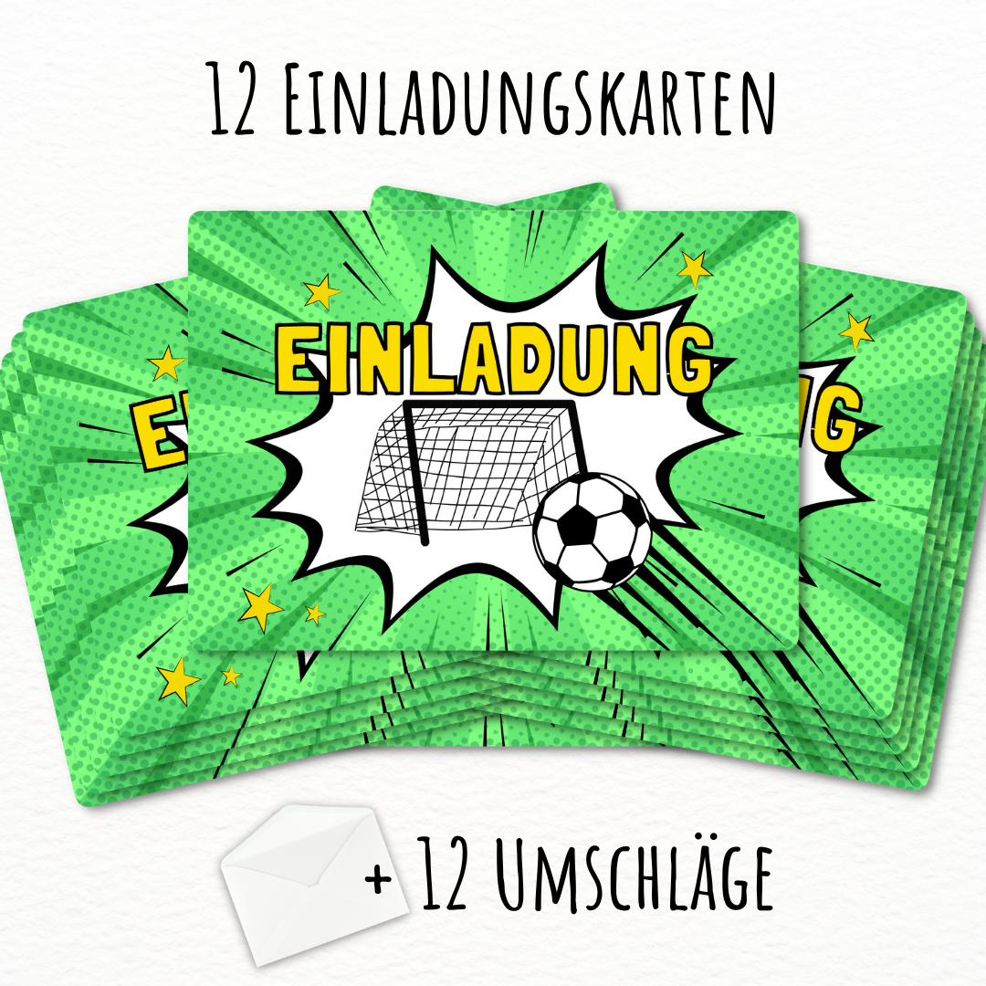12x Einladungskarten + Umschläge - Fußball Comic