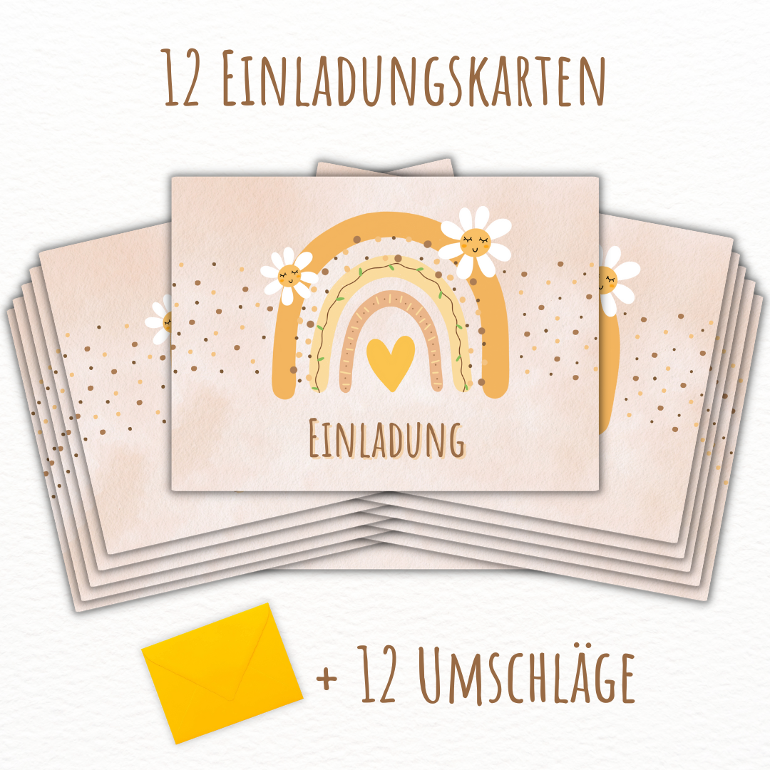 12x Einladungskarten + Umschläge - Regenbogen gelb